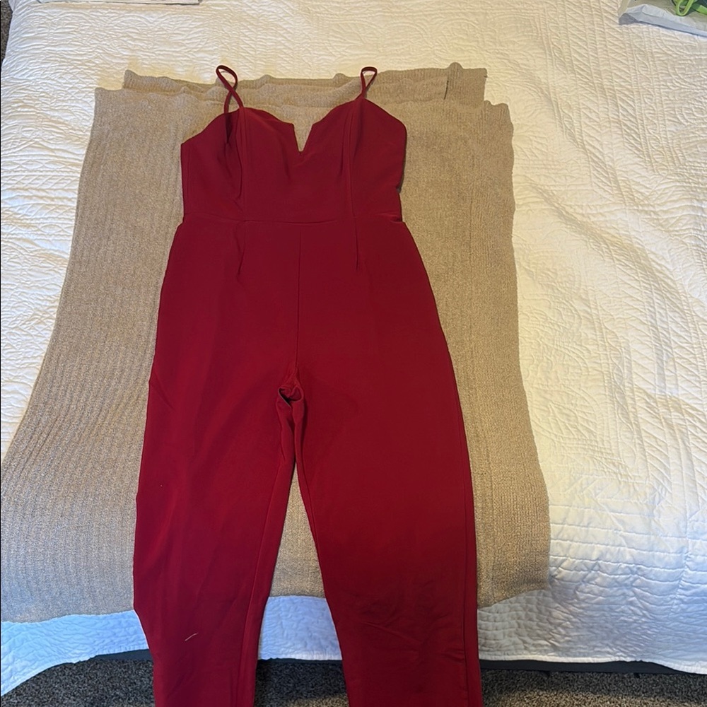 Socialite Red Jumpsuit with Sweetheart Neckline